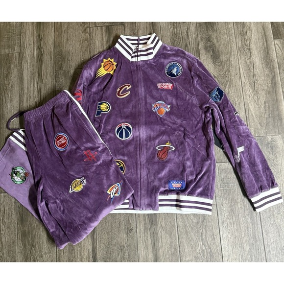 NWT Kids Super Sport NBA Purple Velvet Jacket And Pants with Patches Size Large Shirts & Tops